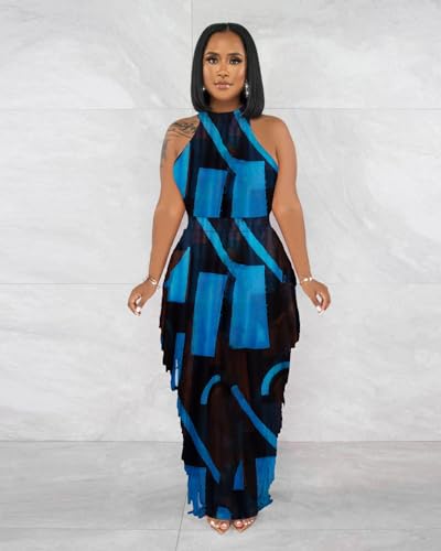 Image of 2 Piece Outfits for Women Sexy Halter Neck Sleeveless Crop Tops Ruched Bodycon Dresses Jumpsuits Fringe Skirt Sets