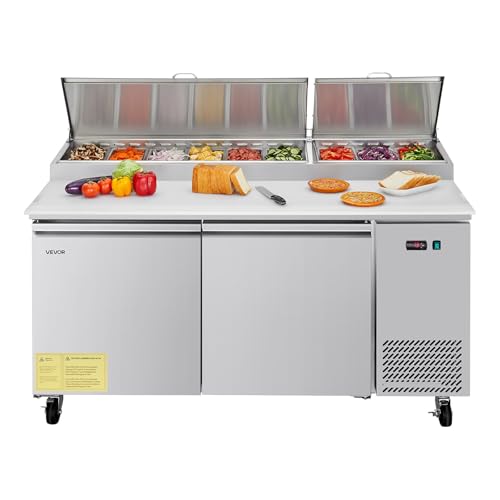 VEVOR 67'W Commercial Refrigerator, Pizza Prep Refrigerated Table, 19.3' Ultra Wide Countertop Food Prep Fridge, 20.3 Cu.Ft Single Door Salad Prep Fridge, 9 Pans Pizza Make Worktop with Cutting Board