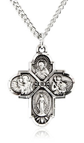 Heartland Sterling Silver 4 Way Cross Pendant for Men- Handcrafted in USA, Tarnish Resistant, Meaningful Catholic Necklace with Sacred Heart, St. Christopher, St. Joseph & Miraculous Medal– 24-Inch