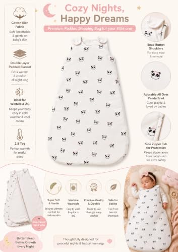 Image of TuddyBuddy Baby Cotton Wearable Quilted Sleeping Bag Blanket 1.5 Tog with 1 Way Zipper Closure | Ideal for Babies & Kids Hypoallergenic Fabrics | (Panda with Hair Bow - Off White, 12-18 Months)