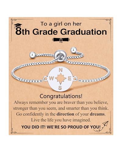Image of 5th /8th Grade Graduation Gifts, Silver Adjustable Compass Bracelet for Her