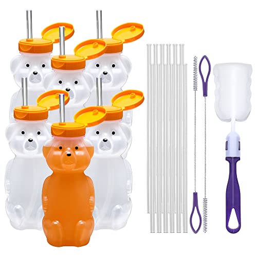 Image of Special Supplies Honey Bear Straw Cup Long Straws, Squeezable Therapy and Special Needs Assistive Drink Container, Spill Proof and Leak Resistant Lid (Pack of 6 Bottles and 12 Straws)