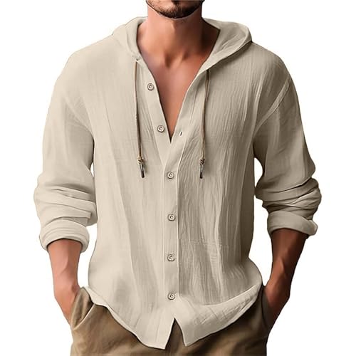 Linen Hoodie Men Casual Summer Hawaiian Untucked Shirts Lightweight Loose Fit Hooded V Neck Button Up Linen Shirts