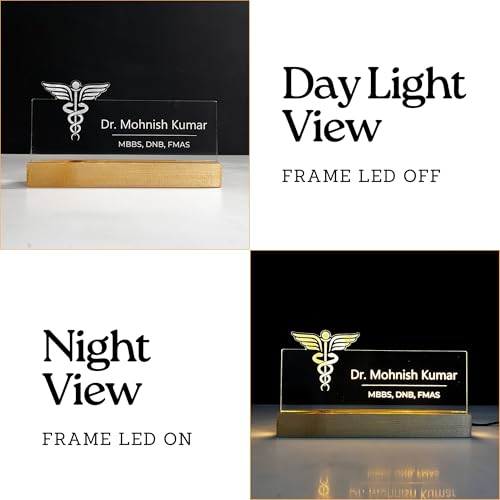 Image of Wood, Acrylic Customized LED Name Plate for Office Desk Table Name Signage Birthday Gift For Doctor Medical Professionals Surgeon Pediatrician Pharmacist Size (10 x 6 inch) (For Doctor), Clear