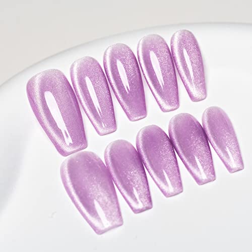 Sun&Beam Nails Handmade Press-On Medium Long Coffin Ballerina with Lavender Purple Cat Eye Design Charm Cute False Nail Tips 10 Pcs (#85 XS)
