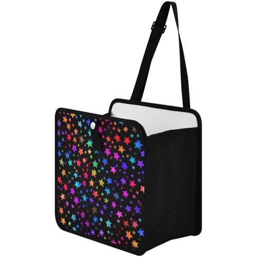 Image of Car Trash Can Organizer Bin with Adjustable Strap for Back Front Seat Console Waterproof Leakproof Collapsible Portable 11 Inch Vibrant Rainbow Stars