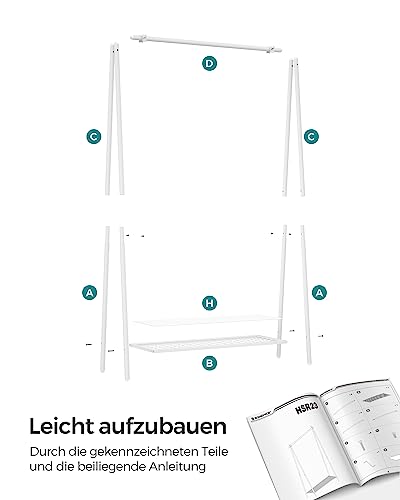 SONGMICS Kleiderständer, Garderobe, Garderobenständer, Kleiderablage, Stahlrahmen, mit Stange und Regal, 33,5 x 92,5 x 153 cm, für Schlafzimmer, Garderobe, Waschküche, Weiß HSR023W01
