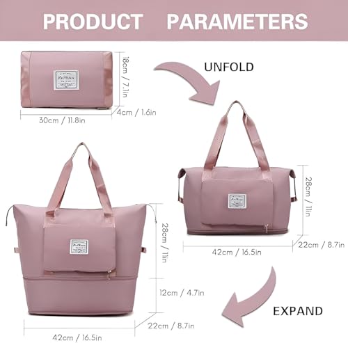 Image of Expandable 41L Travel Duffle Bag for Women - Wheeled Foldable Luggage with Handle, Large Rolling Handbag for Personal Items, Weekend Trips, Gym & Cabin Carry-On Travel Companion ((Pink)-01.)
