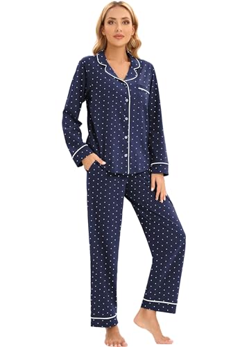 LUBOT 100% Cotton Pajamas for Women PJ Set Soft Button-Down 2 Piece Set Knitted Long Sleeve Sleepwear Loungewear XS-XXL3