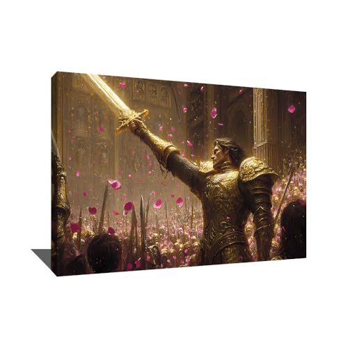 Tableau De Chevalier - Affiche Decoration Murale Fantasy - Impression Fleur Rose Sur Toile - Tableau Guerrier - Medieval Fantasy Deco - Épée Decoration...