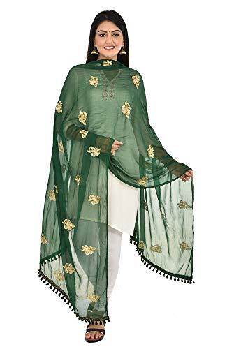 Image of YOUTHQUAKE Golden Patti Embroidered Work Chiffon Dupatta for Womens & Girls with Jaalar Lace