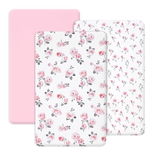 Image of PHF 3 Pack Soft Mini Crib Sheets, Rose Floral Silky Pack N Play Sheets for Baby Boys Girls, Universal Fit for Pack N Play, Playard, Portable and Mini Crib Mattresses, Pink Floral