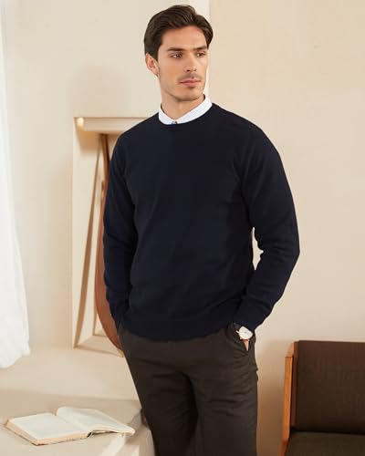 Kallspin Men's Crew Neck Sweater Pullover Regular Fit Pure Cotton Long Sleeve Lightweight Knit Casual Everyday Layering2