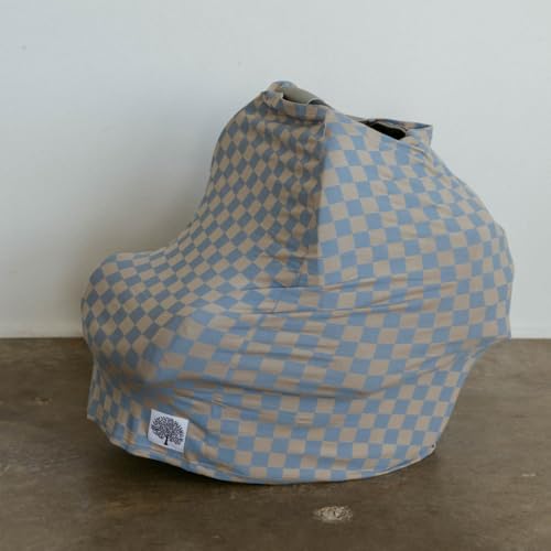 Image of Parker Baby 4 in 1 Car Seat Cover for Girls and Boys - Stretchy Carseat Canopy, Nursing Cover, Grocery Cart Cover, High Chair Cover - inchStormy Blue Checker inch