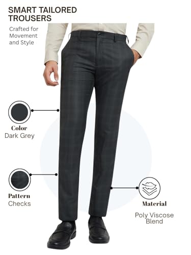 Image of Raymond Men Slim Fit Checks Pattern Polyester Blend Flat Front Formal Trouser