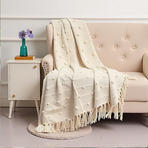 Image of AJAVAT Home Hand-Knitted Pure Cotton Throw Blanket, 80 x 52 in (204 x 132 cm), Large All-Season Sofa, Bed & Chair Throw with Tassels, Beige, Pack of 1