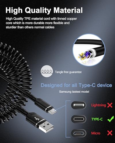USB to USB C Cable Coiled Auto Wire, Type C Car Phone Charger Fast Charging Cord for iPhone 17/16e/15 Pro Max/16 Pro/Air/Galaxy/Pixel, Retractable USB-C Power Line for Apple Carplay & Android Auto