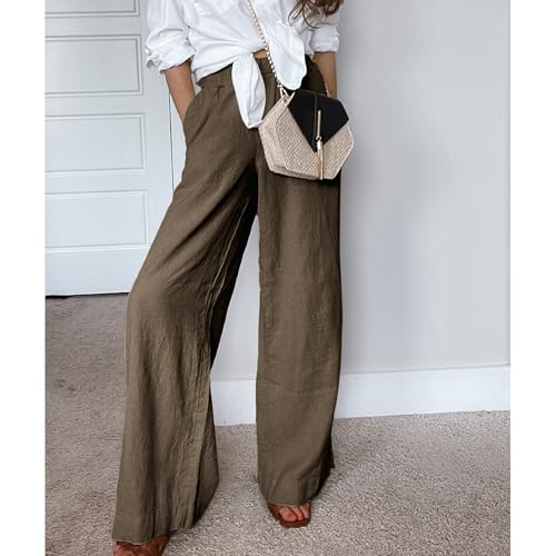 Image of Duyang Womens Cotton Linen Palazzo Pants Drawstring Elastic Waist Casual Wide Leg Trousers with Pockets