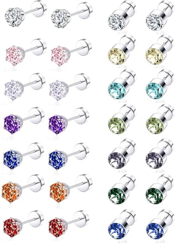 JeweBella 14 Pares Pendientes Acero Inoxidable para Mujeres Niñas Hombres Hipoalergénicos Pendientes Mujer Plata Pendientes Acero Quirurgico con Piedra Natal Circonita Piercing Cartílago pendientes