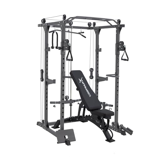 Power Rack for Home Gym, Smith-Machine with Cable Crossover for Full-Body Workout, All-in-one Trainer Equipment for Strength Training, Squat, Bench Press and Pull Up Bar