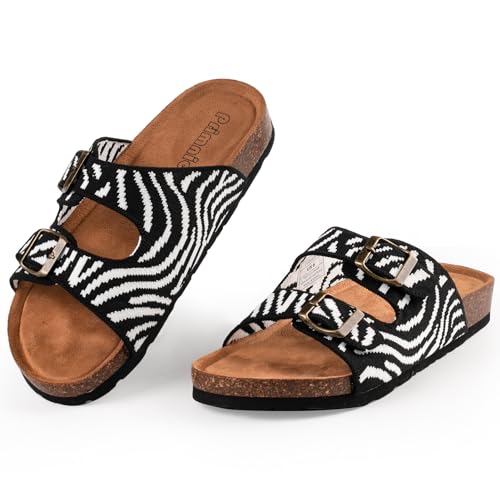 Image of Women's Comfy Arch Support Cork Footbed Adjustable Knitting Straps Indoor and Outdoor Slides Sandals