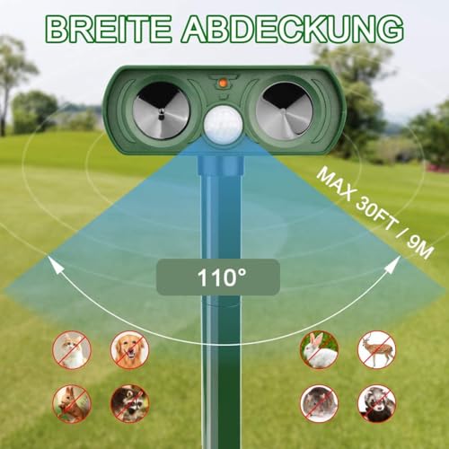 Ultraschall Katzenschreck für Garten, Marderschreck mit PIR-Bewegungssensor, Solar Katzenabwehr Wasserdicht für Garten, Wirksam gegen Katzen, Marder, Hunde und Vögel