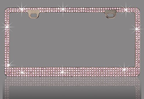 Premium 6 Rows Pink(A-Screw Cap)-Pb Real Crystal Rhinestone Embedded-Metal Black/Smoke License Plate Frame #TOP12