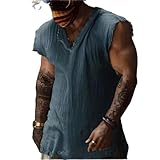 YSERB Tank Tops Men Summer Linen Tank Top Distressed V-Neck Sleeveless Workout T Shirts Gym Muscle T-Shirt with Frayed Hem Blue