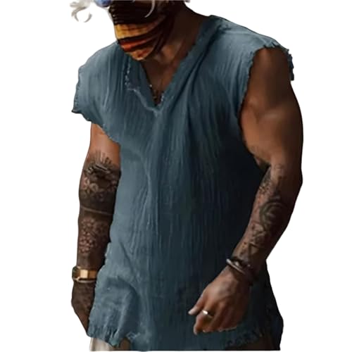 YSERB Tank Tops Men Summer Linen Tank Top Distressed V-Neck Sleeveless Workout T Shirts Gym Muscle T-Shirt with Frayed Hem Blue