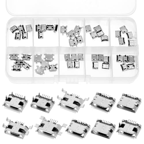 QWORK® 50 Pièces Micro USB 5 broches connecteur, 10 modèles Prise USB à souder, pour produits d'information et de communication