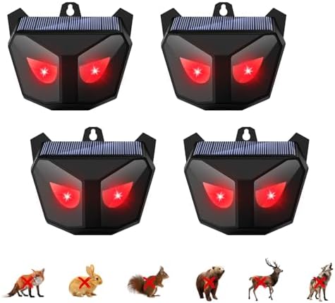 Solar Animal Repeller Outdoor 4 Packs, Nocturnal Animal Deterrent with Red LED Flashing Lights, Waterproof Wild Device for Chicken Coop, Cat, Skunk, Wolf, Deer, Coyote, Fox, Raccoon