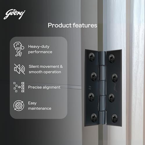 Image of Godrej Door Fittings | 4 inch x 12 Gauge Plain Joint Door Butt Hinges (Pack of 1, 5 Pcs /Pack) | Matte Black Finish, Smooth Operation | 4 Holes Kabza for Heavy Duty Door, Home, Office | 1 Yr Warranty