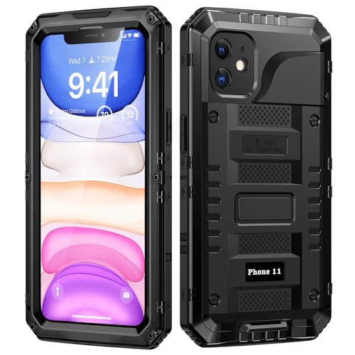 Lanhiem für iPhone 11 Hülle Outdoor Case IP68 Wasserdicht Metall Panzerhülle mit Displayschutz 360 Grad Militär Stoßfest Handyhülle für iPhone 11 Schutzhülle Schwarz