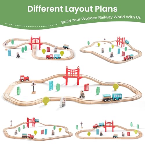 tiny land wooden train set for toddler - 39 pcs- with wooden tracks compatible with major brands - expandable changeable-train toy for 3 4 5 years old girls amp boys