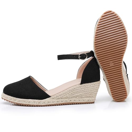 Image of Altxic Women's Closed Toe Canvas Ankle Strap Espadrilles Wedge Sandals