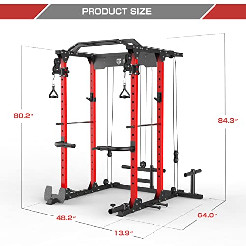 Major Lutie Power Cage, Plm03 1400Lbs Multi-Function Power Rack With Adjustable Cable Crossover System And Exercise Machine Attachment(Red) #TOP2