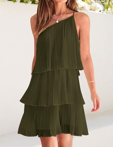 Image of ZESICA Women's Boho Summer One Shoulder Sleeveless Ruffle Tiered Layered Chiffon Pleated A Line Flowy Mini Dress