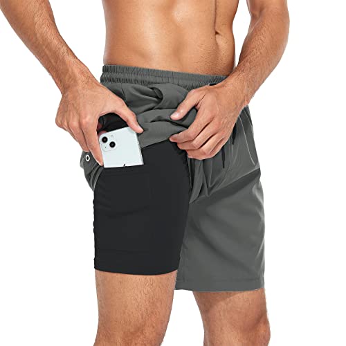 Zando Quick Dry Mens Swim Trunks With Compression Liner Mens Bathing Suits With Pocket 7 Inch Inseam Mens Swim Briefs Beach Shorts For Men Grey Mens Swimming Trunks With Boxer Brief Lining L #TOP1