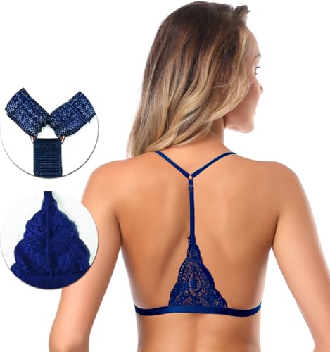 Image of SHEKINI Women's Embroidered Triangle Bra Front Closure Plunge Wireless Lightly Lined Lace Bralette Top