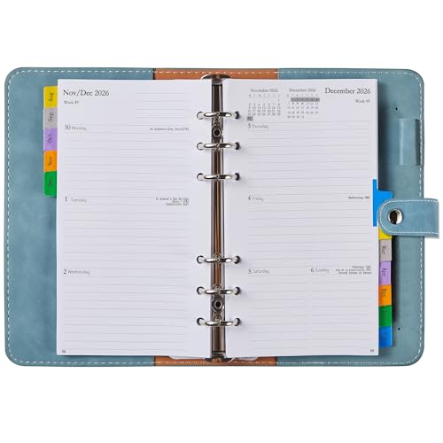 Agenda 2026 2027 rechargeable, format A6, semainier ou planificateur de rendez-vous personnel 1 semaine sur 2 pages avec onglets, couverture souple en polyuréthane,...