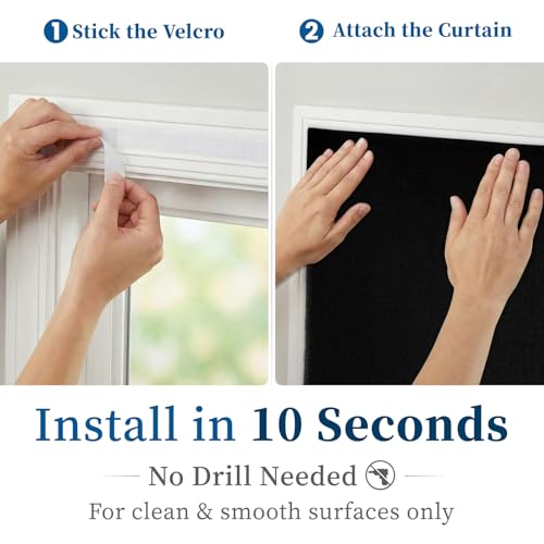 Image of 100% Blackout Magic Tape Stick On Curtains Window Shades Pull Down Blackout Window Cover No Drillng Self Adhesive Curtains No Rod Small Windows, W35 x L60 inch, 1 Panel, Black