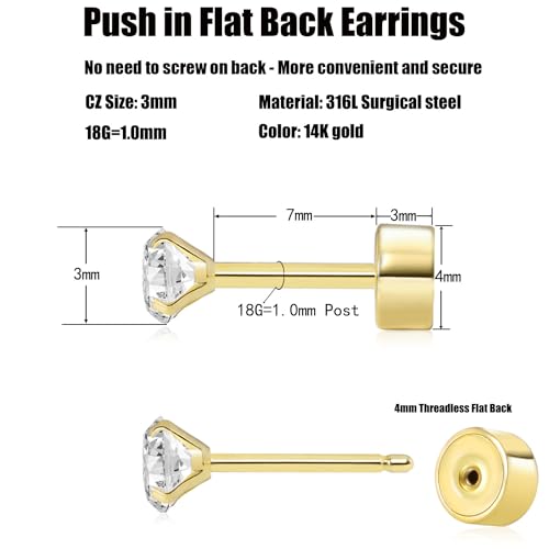 Threadless Flat Back Earrings, Hypoallergenic 14K Real Gold Plated CZ Stud Earrings | Cartilage Earring | Tragus Helix Piercing Jewelry | Push in Flatback Earrings for Women Men4