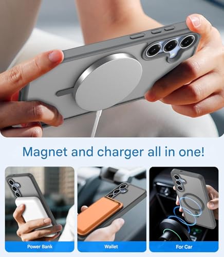 Image of Elzzi Magnetic Magsafe Case for Samsung Galaxy S25 FE 5G Cover, Compatible with MagSafe Translucent Matte Hard PC + TPU Hybrid Back Cover, Slim Shock-Resistant Protective Case (Grey)