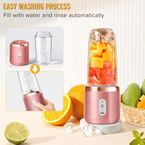 Image of Portable Blender Electric Juicer USB Rechargeable Fruit Mixers Mini Personal Smoothie Maker 6 Blades 3 Gears Ideal for smoothies, protein shakes, fresh juices, sauces -1500mAh Battery (PINK)