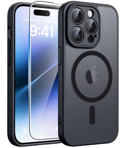 Image of FNTCASE for iPhone 14-Pro Case Black: Translucent Compatible with MagSafe | With Screen Protector, Magnetic Camera Protection Slim Protective, 14FT Military Grade Drop Tested, Matte Shockproof Cover