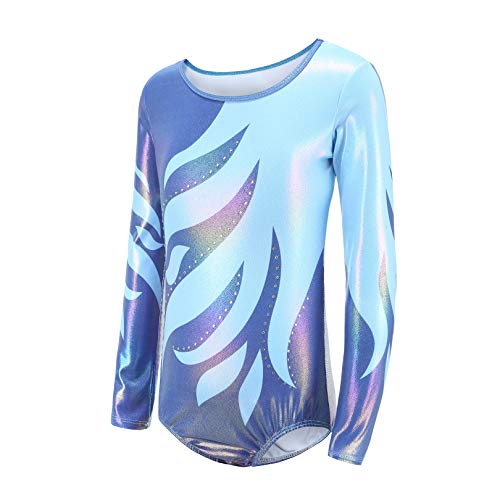 Ukyzddio Girls Flame Beads Long Sleeve Gymnastics Leotards Ballet Dance Metallic Leotards Unitards Bodysuit Outfit Blue Size 12 #TOP1