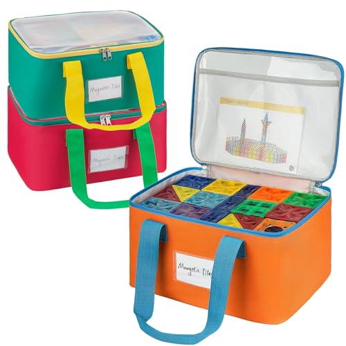 Pacote com 3 sacos grandes de armazenamento de azulejos magnéticos, caixa organizadora de brinquedos com bolso de malha e bolso para etiqueta para construção de ímãs, jogos de tabuleiro, quebra-cabeça