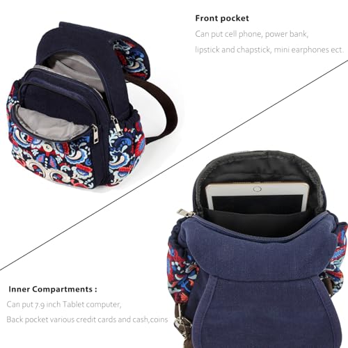 Image of SILKAREA Vintage Embroidered Floral Ethnic Backpack for Women Handbag Shoulder Bag Mini Travel Purse (Embroidered Blue)
