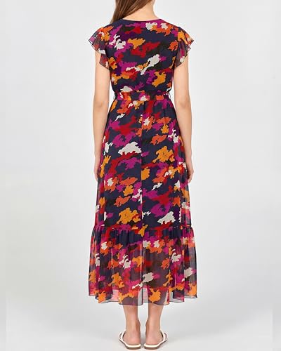 Image of BTFBM Women Summer Bohemian Floral Casual Wrap V Neck Ruffle Cap Sleeveless Belt A-Line Pleated Hem Midi Sun Dress White
