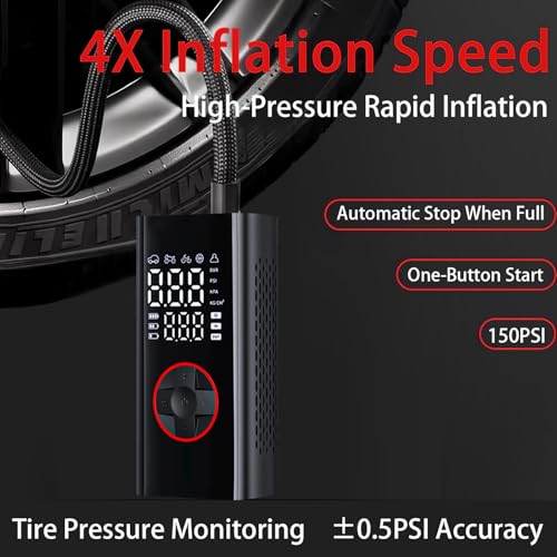 Image of Tire Inflator Portable Air Compressor - 150PSI Mini Cordless Air Pump with Digital Tire Pressure Gauge, Accurate Dual LCD Display & LED Light, Tires Pump for Car /Motorcycle /Bike /Ball